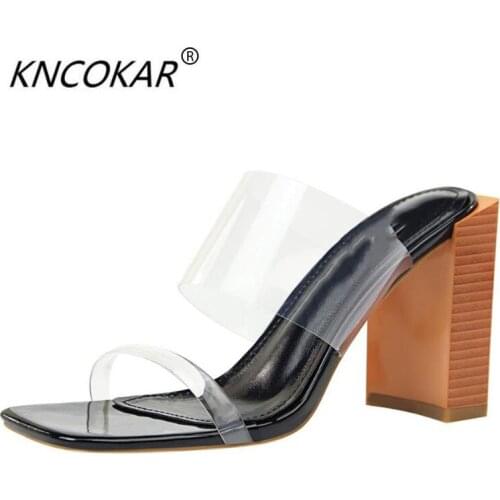 KNCOKAR Fashionable female cool slipper slipper wood grain follows coarse heel square head to show toe transparent one word