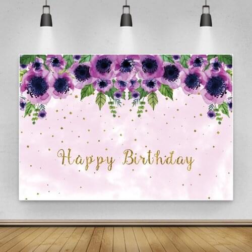Laeacco Photo Backdrop Happy Birthday Gold Dots Blooms Blue Flowers Birthday Party Portrait Photography Background Photocall