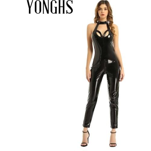 Latex Bodysuit Erotic Lingerie for Womens O-neck Patent Leather Zipper Crotch Jumpsuit for Lingerie Night Sexy Role Play Games