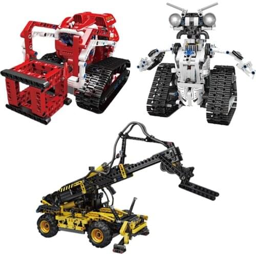 2021 new pneumatic telescopic forklift remote control assembly robot construction car model building blocks childrens toy gifts