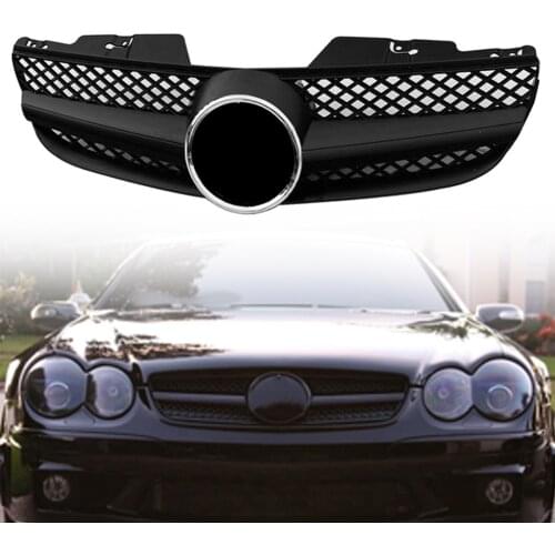 Car Front Grille AMG Style Mesh Grill For Mercedes-Benz R230 SL-Class SL500 SL550 SL600 2007 2008 2009 Matt Black ABS w/ Emblem