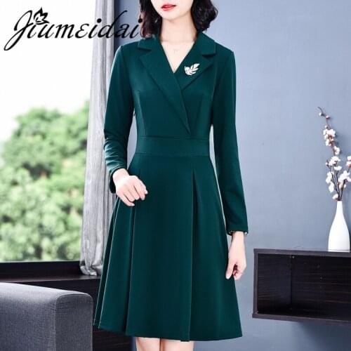 JiuMeiDai 2020 Women A-Line Dress Office Lady Elegant Green Long Dresses Female Turn-Down Collar Fahion Party Clothing Plus Size