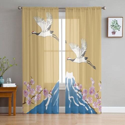White Crane Snow Mountain Sheer Curtains for Living Room Bedroom Kitchen Chiffon Tulle Curtains Home Hotel Coffee Decor