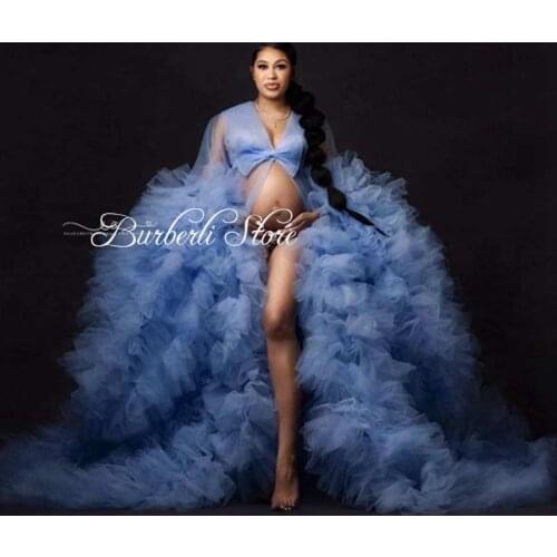 Extra Fluffy Luxury Blue Tulle Maternity Dresses Long Robes Sexy Open Front Bow Puffy Pregnant Women Gowns Baby Shower Dress