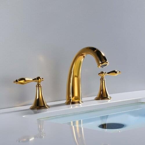 Luxury Gold Brass Bathroom sink faucet Three hole Two handle Basin mixer faucet top quality copper Cold hot water tap