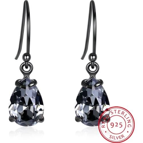LEKANI Vintage Retro Black Water Drop Earrings Crystals For Women Party Gifts Real S925 Silver Fine Jewelry 2019
