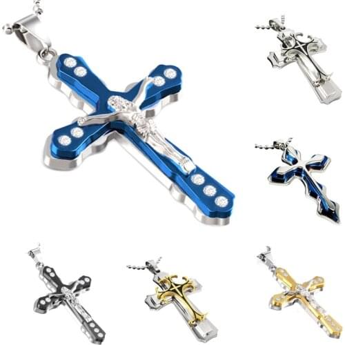 Blue Stainless Steel Mens Wave Cross Pendant Necklace Punk Retro Unisex Jewelry for Men and Women