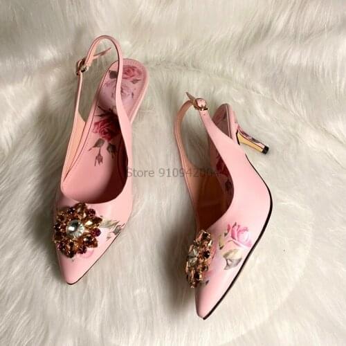 New Rhinestone Buckle Round Toe Ladies Pumps Flower Printed Slingback High Heel Banquet Party Woman Shoes