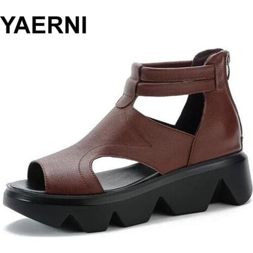 YAERNI 2021 New Fish Mouth Genuine Leather Roman Sandals Summer Women Sandals Ankle Boots Platform Non-slip Heightening Sandals