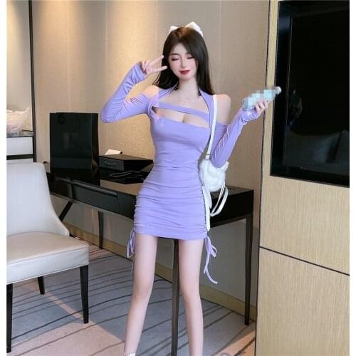 ZC3182 2021 Spring new women fashion temperament sexy hangs neck hollow-out draw rope drape wrap buttock dress cheap wholesale