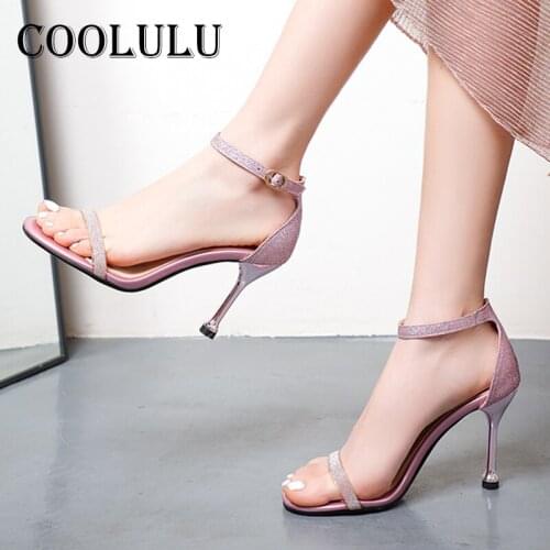 COOLULU Extreme High Heels Ankle Strap Sandals Women Shoes Bling Thin Heel Sandals Buckle Ladies Party Footwear Sexy Silver 42