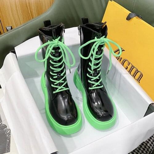 Ankle Boots Womens Autumn Winter 2021 New Thick Heels British Style Fashion Boots Round Toe Side Zipper Green Womens Boots