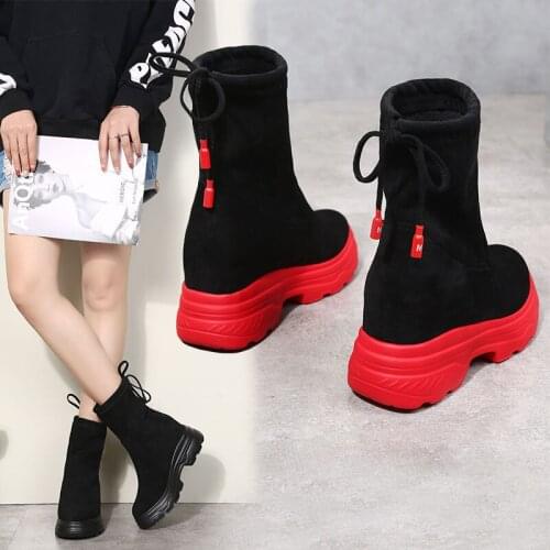 Martin womens short boots fall/winter plus cashmere versatile womens online celebrity thin thick-soled short black socks boots