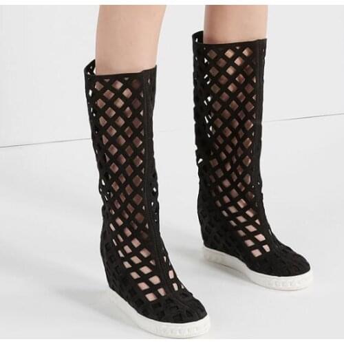 Dipsloot Black Orange Army Green Suede Hole Wedges Knee High Boots Woman Round Toe Height Increasing Heels Slip On Botas Shoes