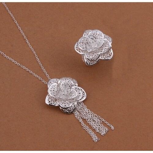 Hot party jewelry female elegant charm exquisite big flower pendant necklace ring fashion Silver color jewelry Set S439