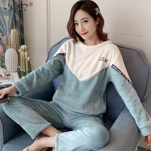 Winter Pajamas Set Women Sleepwear Warm Flannel Long Sleeves Pajamas Pink Cute Animal Homewear Thick Home Suit Cartoon Pyjamas