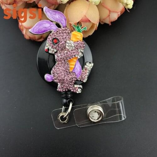 Purple rabbit holding carrot ID badge reel Bunny Nurse brooch pins Retractable ID badge holder