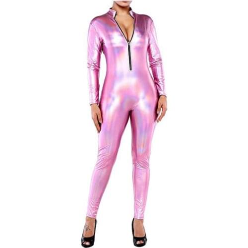 Shiny Holographic Long Sleeve Jumpsuit Women Sexy Skinny Bodysuit Zipper Front Catsuit Novelty Nightclub Laser Color Clubwear