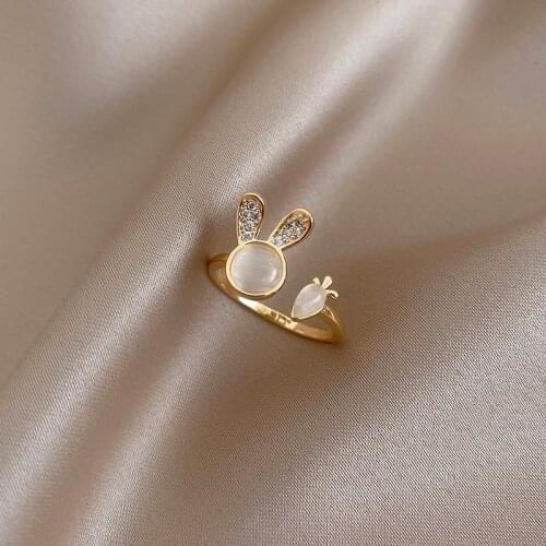 Korean hot selling fashion jewelry exquisite copper inlaid zircon opal ring cute student women rabbit carrot open ring