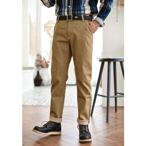 Saucezhan jeans men Selvedge denim jeans vulcanization Khaki jeans pants Autumn and winter cargo pants men Zipper Fly Casual