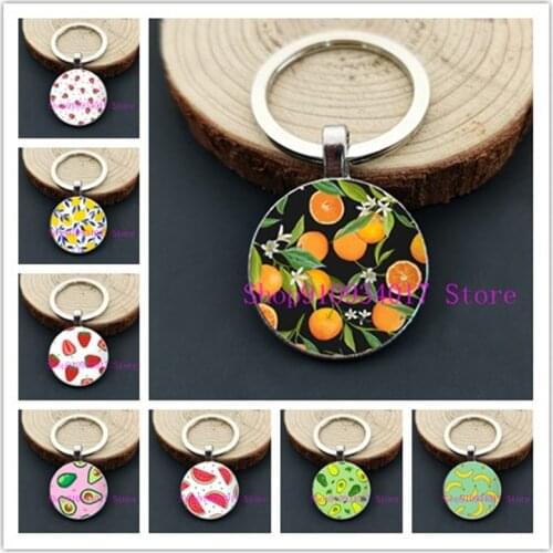 New Four Seasons Fruit Picture Glass Dome Keychain Watermelon Banana Lemon Orange Cherry Round Glass Car Decoration Keychain