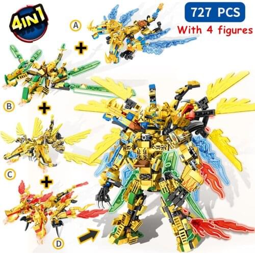 New Digital Ninja 4in1 Golden Warrior Robot Mech Dragon Building Blocks Kit Bricks Classic Movie Model Toys For Children Gift