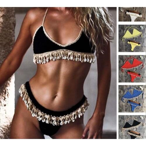 Wholesale free shipping womens sexy Shell Tassel Bikinis Knitted Crochet Swimsuit new style fashion summer beach Swimwear