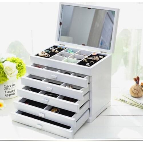 Multi-Layer Big 6 Layers Wooden Jewelry Box Jewelry Display Casket Earrings Ring Boxes Jewelry Organizer Gift Box White Brown