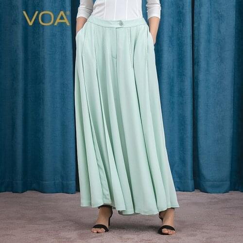 VOA Light Green Heavy-weight Silk Natural Waist Arch Needle Pleated Splice Bag Casual Comfort Lap Fat Leg Skirt Pants K1060