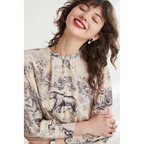 Natural Silk Animal Print Top 100% Mulberry Silk Long Sleeve Plus Size T Shirt 120CM Chest M L XL FREE SHIPPING