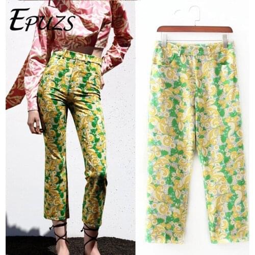 Za 2021 Women Pants Floral Print High Waist Pants Woman Summer Vintage Pockets Straight Leg Trousers Female Suit