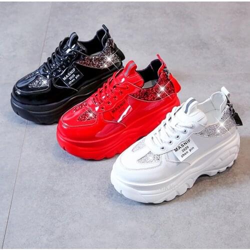 2021 Summer New Women Glitter Sneakers Casual Female Lace Up Zipper Platform Fashion Comfort Dad Shoes Chunky White Black Red