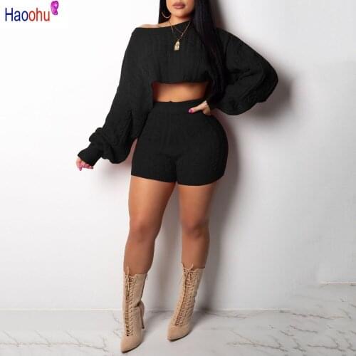 HAOOHU 2 Two Piece Set Women Clothes Autumn Winter Outfits Long Sleeve Knit Sweater Tops+Bodycon Shorts Suit Sexy Matching Sets