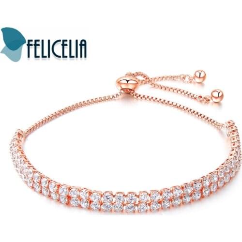 Felicelia Double Rows Cubic Zirconia Tennis Bracelet For Women Rose Gold / Silver Color Cz Crystal Wedding Jewelry Adjustable
