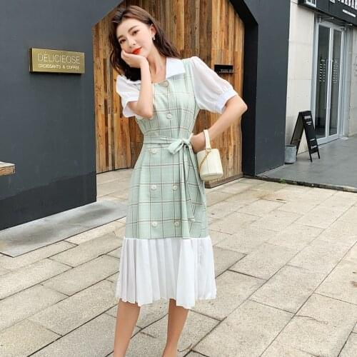 2020 Summer New Womens Office Lady Vestido Puff Sleeve Plaid Bow Ruffles Dresses Vintage Turn-down Collar Pleated Midi Dress