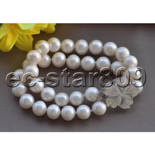 Z11160 2strands 8" 12mm Round White Freshwater Pearl Bracelet Shell Flower
