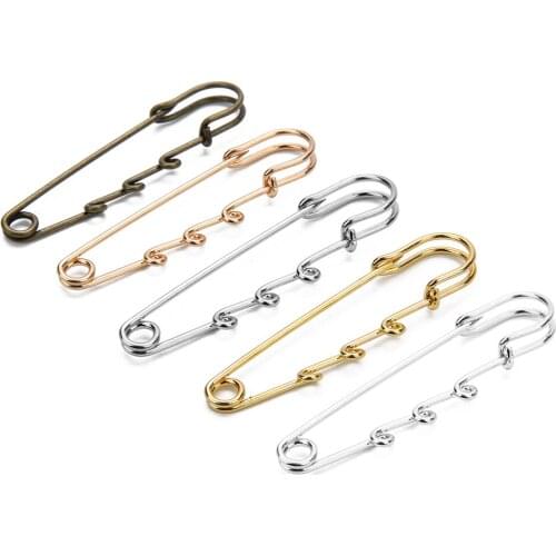 10pcs/lot Gold Silver Color Safety Pin Brooch Charm Pendants with 3 Loops for Women Men DIY Wedding Brooches Jewelry Making 65mm