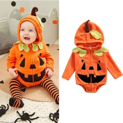 FOCUSNORM 0-24M Autumn Baby Girls Boys Lovely Rompers Outwear Pumpkin Printed Hooded Long Sleeve Zipper Halloween Clothes