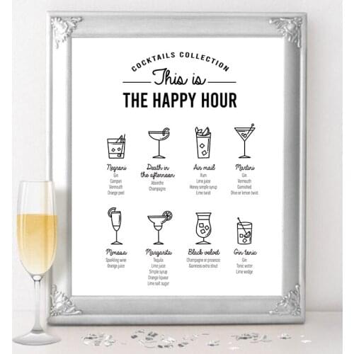 Cocktails Recipe Poster Canvas Print Kitchen Wall Art Decor , Cocktail Gift Black White Cocktails Quotes Painting Bar Pub Decor