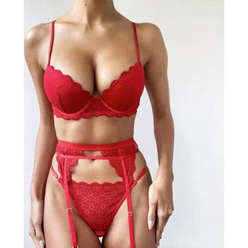 Red bra set with steel ring sexy garter belt T-pants temptation lingerie push-up bra panties corset suit see through langerie