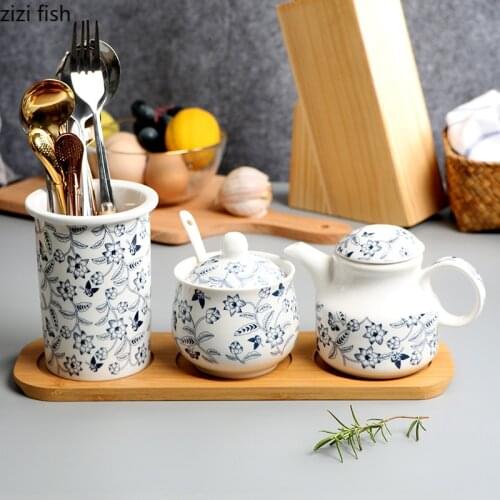 Creative Blue and White Porcelain Seasoning Pot Oil Pot Drain Chopstick Tube Household Sugar Salt Pot Kitchen Utensils Porcelain