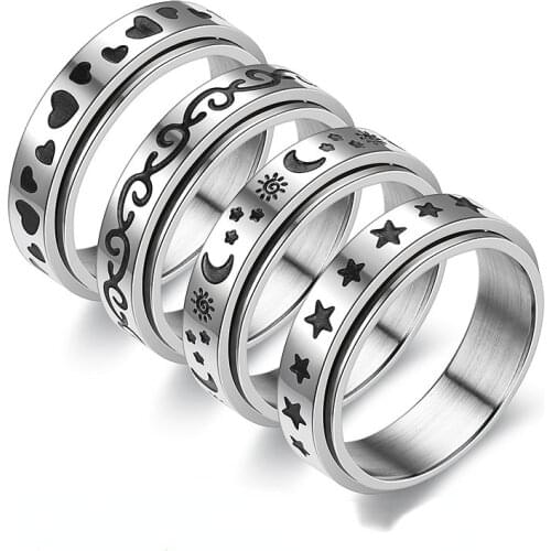 Meetvii 6mm Stainless Steel Rotatable Ring for Men Silver Color Casual Stylish Star Sun Moon Punk Rings Spinner Jewelry
