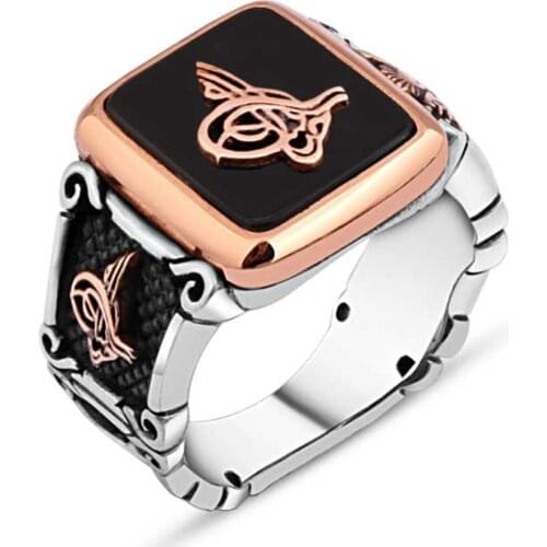 Onix Stone Above Monogram Sterling Silver Men 'S Ring