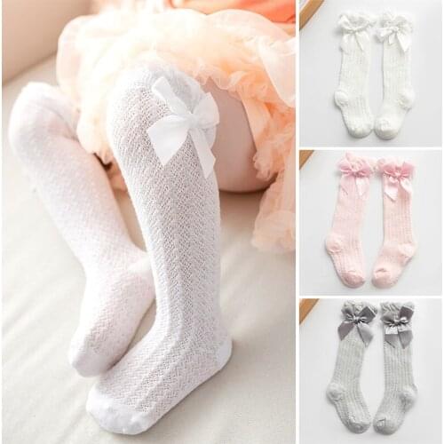 Summer Baby Girl Socks With Bow Cotton Mesh Breathable Kids Knee High Socks Children Toddler Cute Long White Pink Socks 0-3Y
