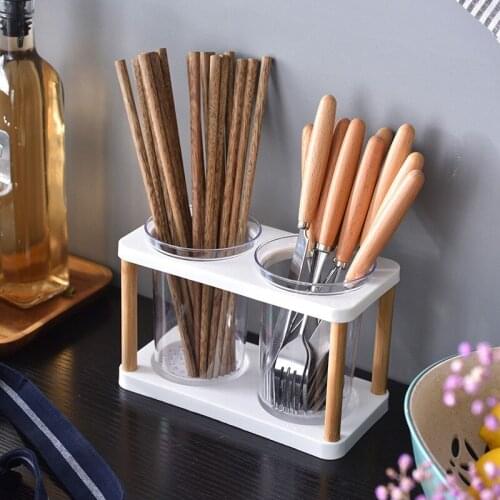 Plastic Chopsticks Can With Bamboo Frame Japanese Convenient Chopsticks Holder Creative Goods Storage Containers Leachable Cans
