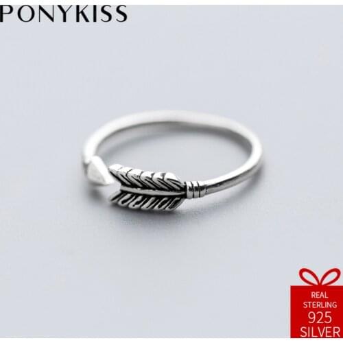 PONYKISS Vintage 100% 925 Thai Silver Adjustable Opening Cupids Arrow Ring Fine Jewelry Women Creative Birthday Party Gift