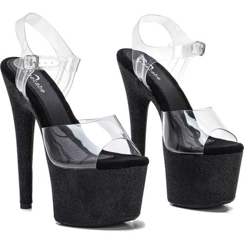 Leecabe 17cm/7Inch Black glitter Heels sandals shoe high heel platform pole dance shoes