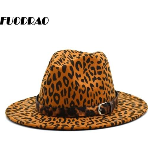 FUODRAO New Fashion Fedoras Hat Women Leopard Print Wide Brim Jazz Hats Woolen Men Vintage Gentleman Elegant Jazz Cap F22