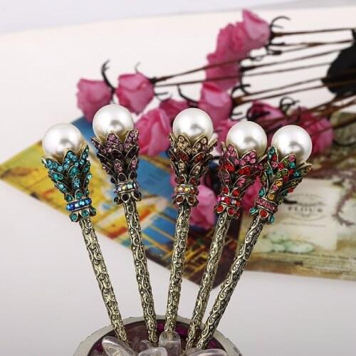 Alloy Rhinestone Imitation Pearl Vintage Women Girls Hair Sticks Clip Pin Ponytail Headwear Accessories