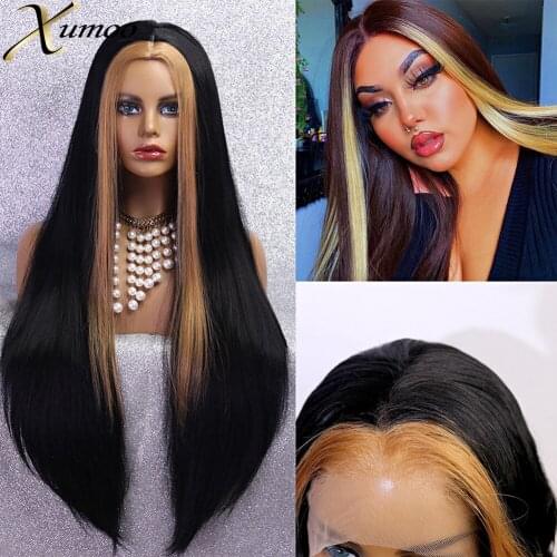 XUMOO Heat Resistant Synthetic Lace Front Wig Long Straight Highlight Brown Wig Glueless Synthetic Cosplay Wigs For Black Women